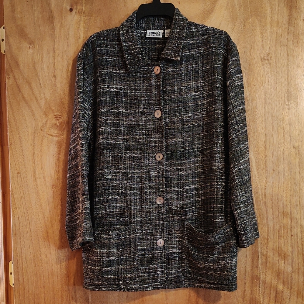 Y2K Vintage Chico's Design 100% Silk Oversized Tweed Jacket Green Tan Size M/8